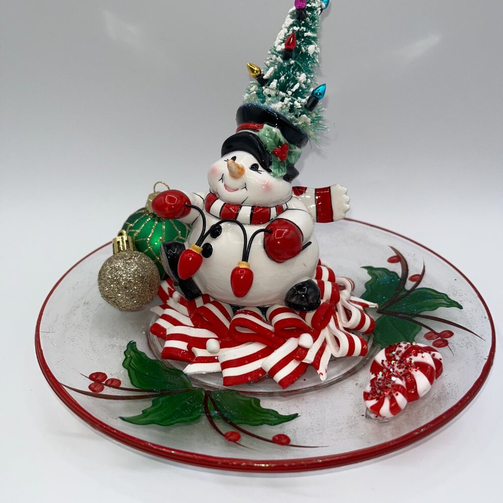 Vintage Ceramic Snowman With Bottle Brush Tree String Light Hat Candy Cane OOAK - Picture 3 of 16